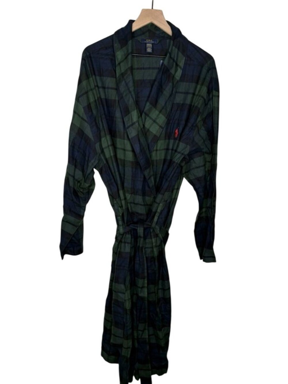 Polo Ralph Lauren Plaid Cotton Robe L/XL Green Navy Belted Long Sleeves Men's